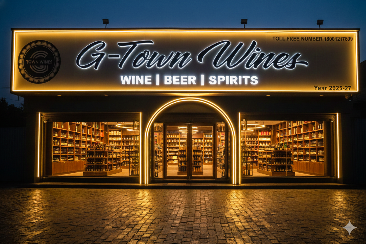 Customer buying daru at G Town Wines sharab theka with whisky, gin, and rum on display.